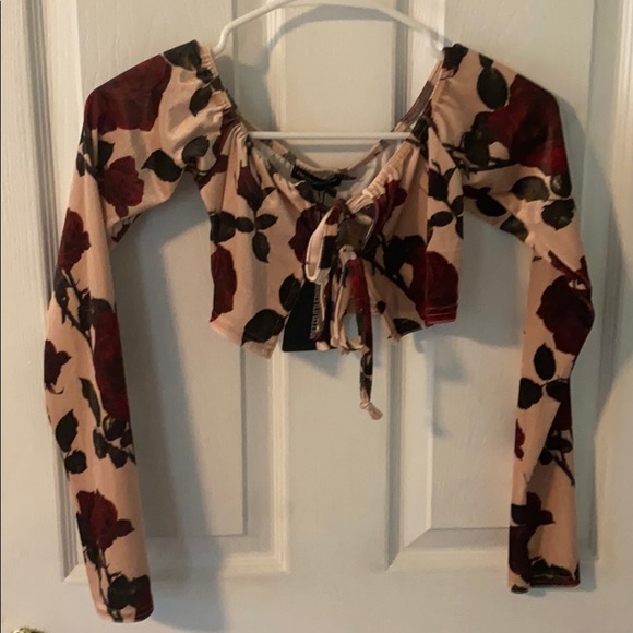 Cream Dark Rose Printed Velvet Tie Front Bardot CT - Picture 2 of 3